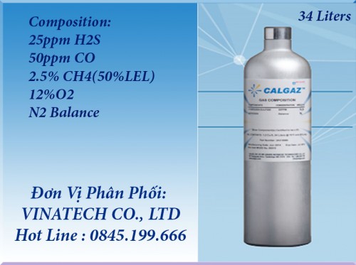 CHAI KHÍ CHUẨN 25 ppm H2S/ 50 ppm CO/ 2.5% CH4/ 12% O2/ N2 Balance – Model 2AL