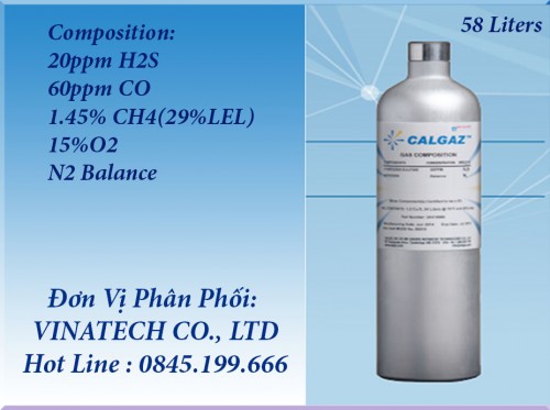 CHAI KHÍ CHUẨN 20 ppm H2S/ 60 ppm CO/ 1.45% CH4/ 15% O2/ N2 Balance – Model 8AL